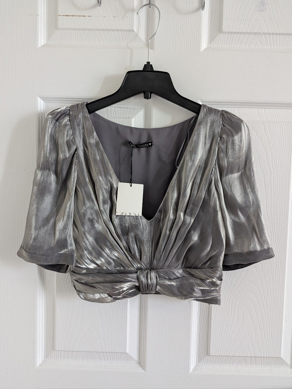 NWT ZARA Silver Metallic Organza Crop Top  Shimmer Puff Sleeve V-Neck Blouse S